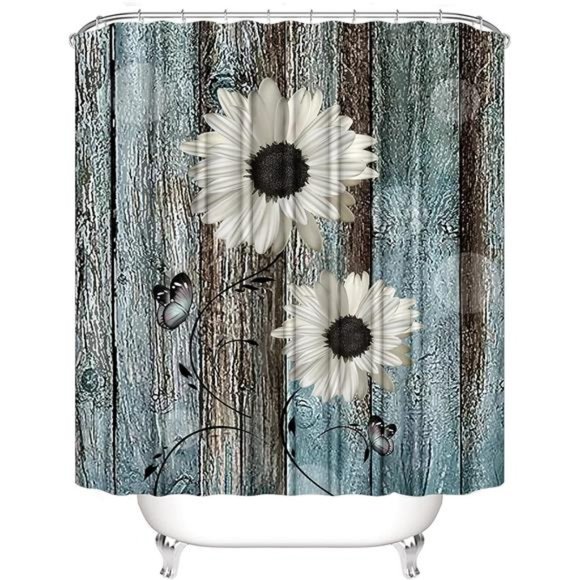 White Daisy Flower Shower CurtainSets with Rugs 4Piece Rustic Flower Floral Wood - Picture 2 of 7